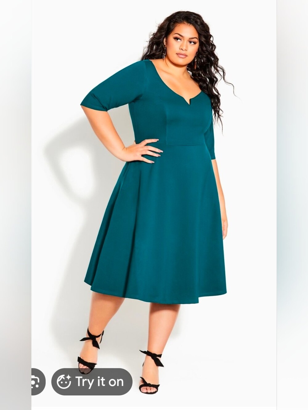 City Chic Green Fit-and-Flare Midi Dress with Notch Neck - Size 16